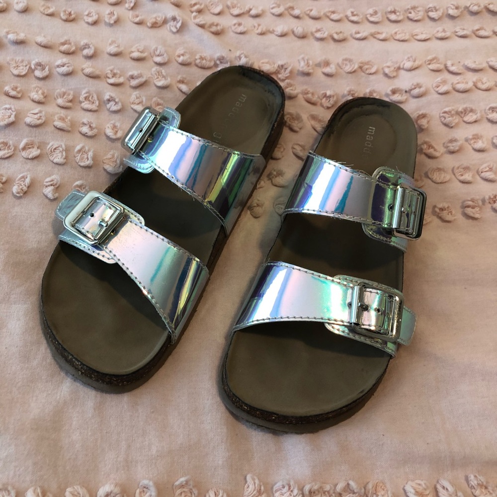 Madden Girl Rainbow Holographic Slide Sandals